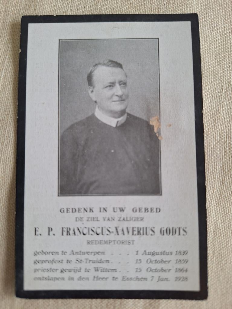 Bidprentje redemptorist Franciscus Xaverius Godts 1839 -1928, Verzamelen, Bidprentjes en Rouwkaarten, Ophalen of Verzenden, Bidprentje