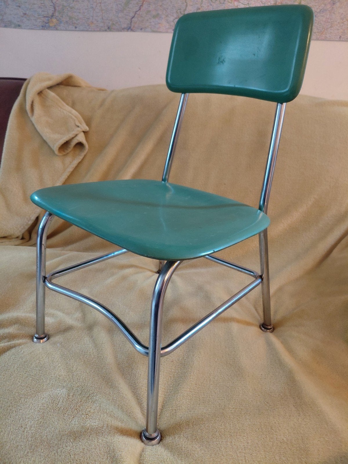 Chaise enfant vintage verte et chrome – Style d'école rétro, Ophalen, Huis en Inrichting