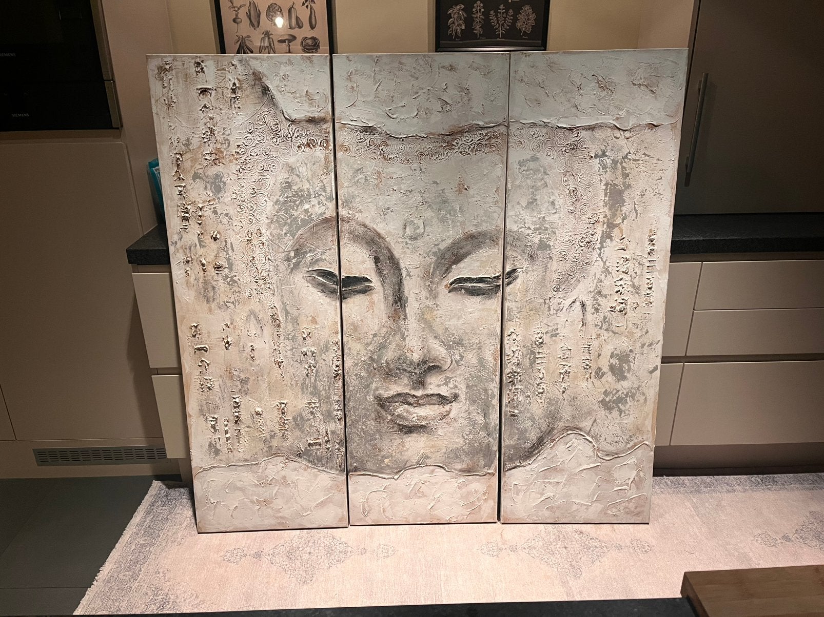 J-Line drieluik Boeddha – groot formaat 150 x 150 cm, Ophalen, Zo goed als nieuw, Beige, Schilderij
