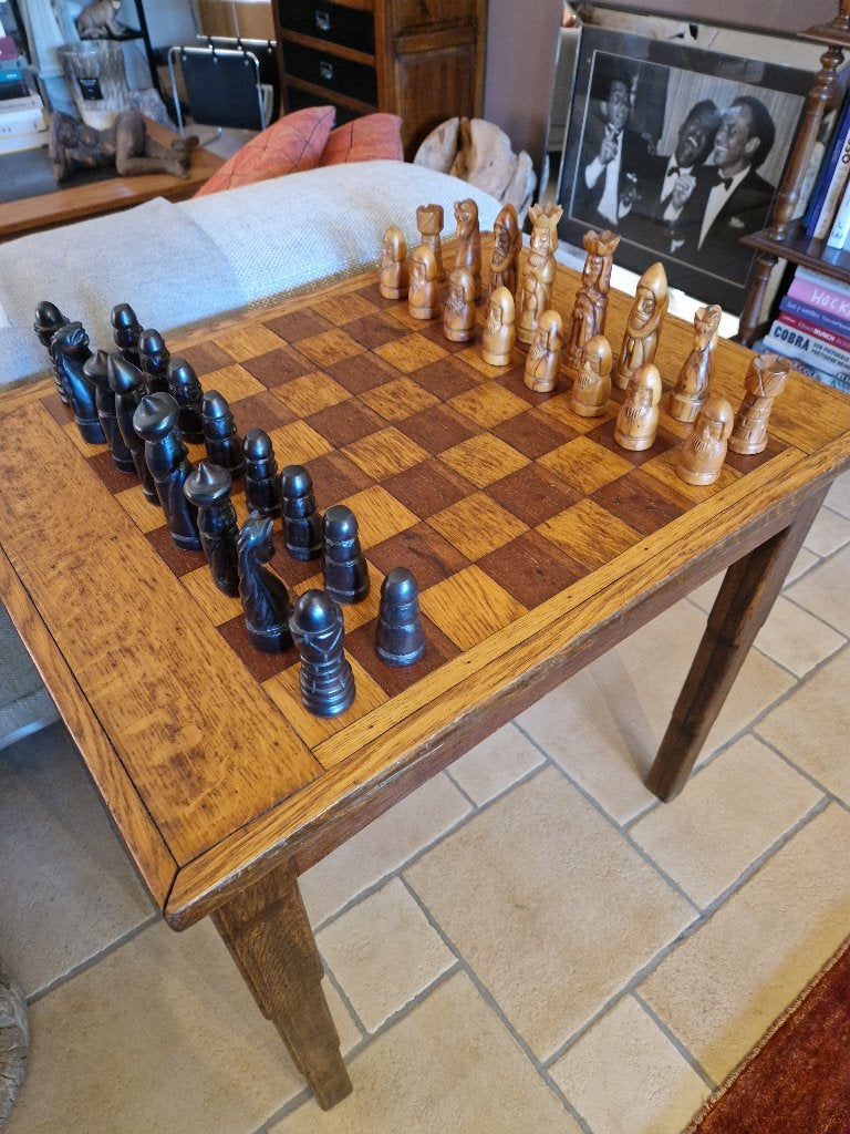 Vintage Palissander Schaaktafel handgesneden schaakstukken, Antiek en Kunst, Ophalen