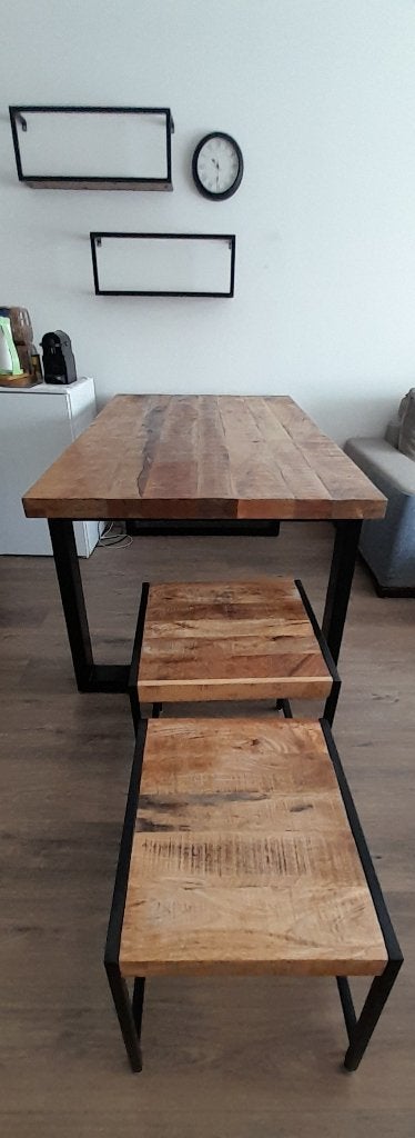 Eettafel met  2x bijzet tafels en 2x rekjes, Ophalen, 100 tot 150 cm, Zo goed als nieuw, Vier personen