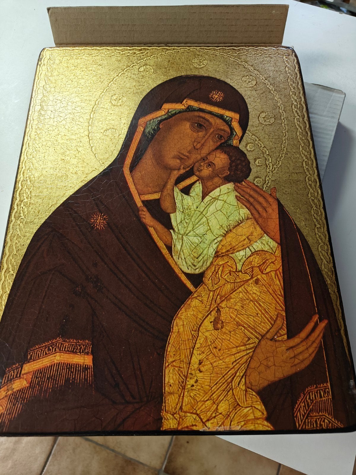 Large Vintage Icoon (27x36 cm) - Moeder Gods van Vladimir, Antiquités & Art, Antiquités | Objets religieux, Enlèvement