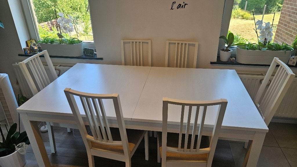 Table salle à manger 175/260 cm IKEA + 6 chaise blanche, Comme neuf, Enlèvement, 50 à 100 cm, IKEA