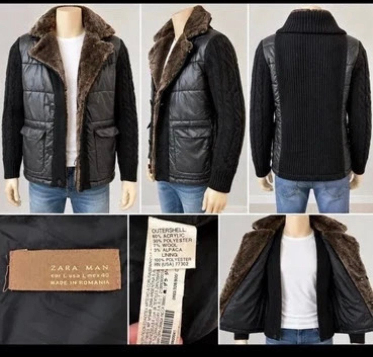 Veste Zara Man pour homme — noire avec col marron, Envoi, Comme neuf, Taille 48/50 (M), Noir