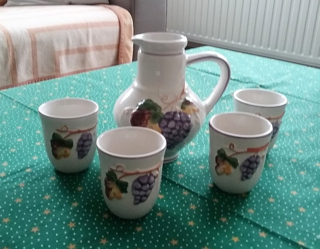 Uniek & Handgeschilderd: Koffie-/Theeservies (Druivenmotief), Antiek en Kunst, Antiek | Keramiek en Aardewerk, Ophalen of Verzenden