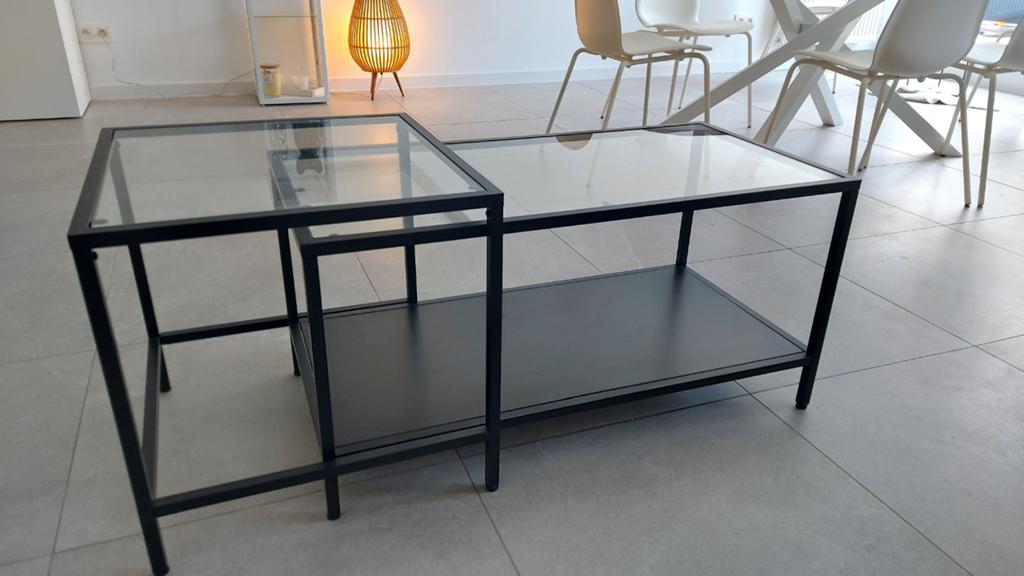 Salontafel metaal zwart met  glas in  2 delen uitschuifbaar., Ophalen, Glas