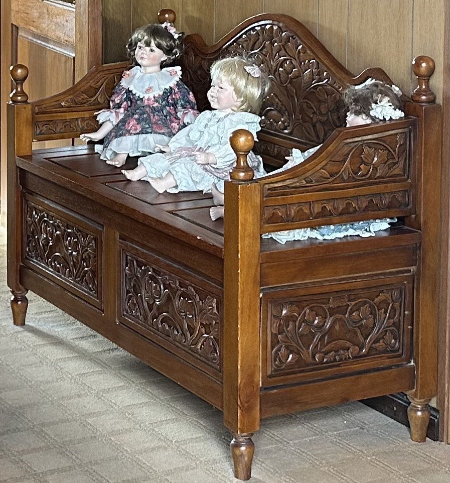Petit coffre/banc en bois exotique sculpté, Maison & Meubles, Teck, 50 – 75, 50 à 100 cm, Comme neuf
