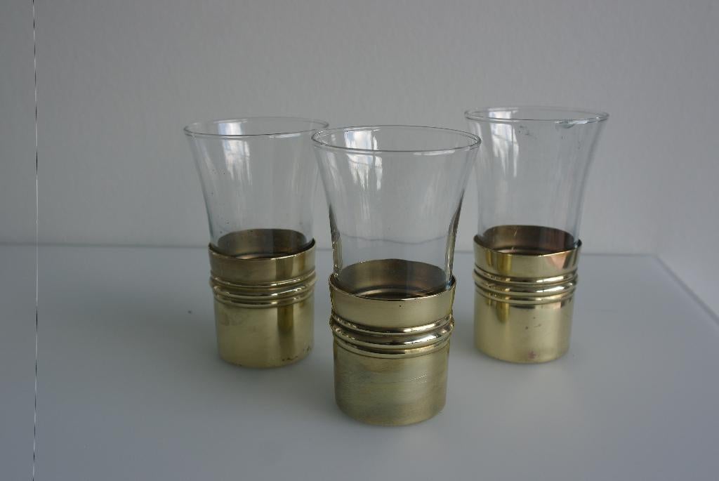 3 vintage glazen in koperen houder, Antiek en Kunst, Ophalen of Verzenden, Koper