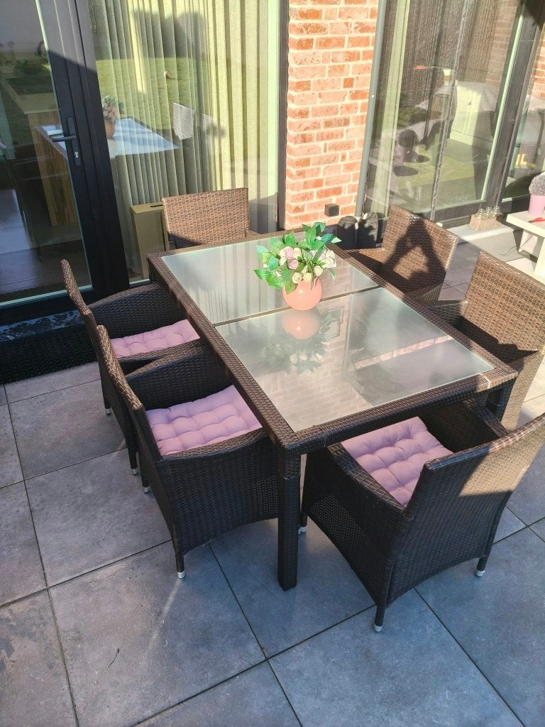 Rotan tafel met 6 rotan stoelen, Tuin en Terras, Ophalen, Gebruikt, Rotan, 6 zitplaatsen
