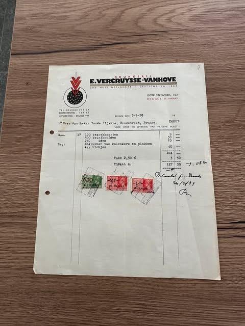 factuur 1939 E. Vercruysse Brugge Drukkerij, Ophalen of Verzenden, Overige typen