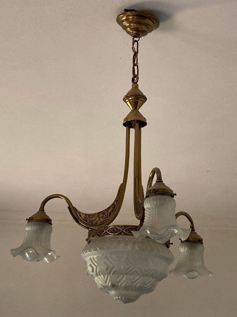 Lustre ancien en cuivre, Enlèvement, Utilisé, Verre, E27 (grand)