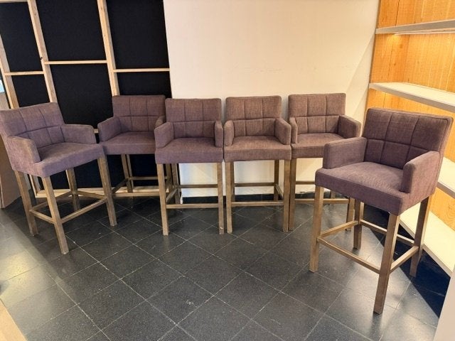 6 gestoffeerde barstoelen met armleuningen, Avec repose-pieds, Enlèvement, Utilisé, Bois