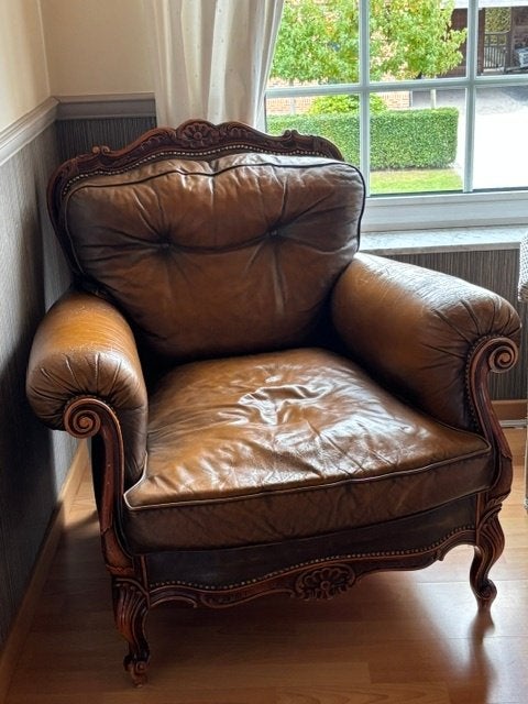 Oude lederen fauteuil (zetel), Huis en Inrichting, Ophalen, Gebruikt, Hout, Klassiek