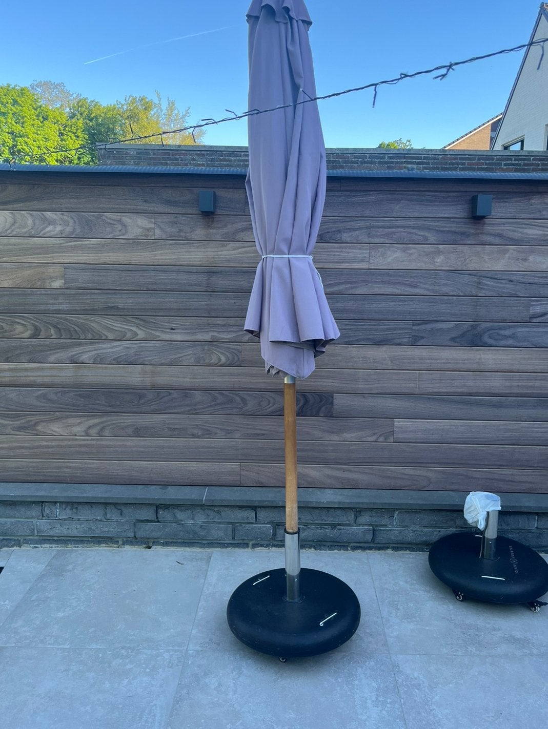 Houten tuinparasol 3m en voet op wieltjes, Tuin en Terras, Ophalen, Gebruikt, Stokparasol