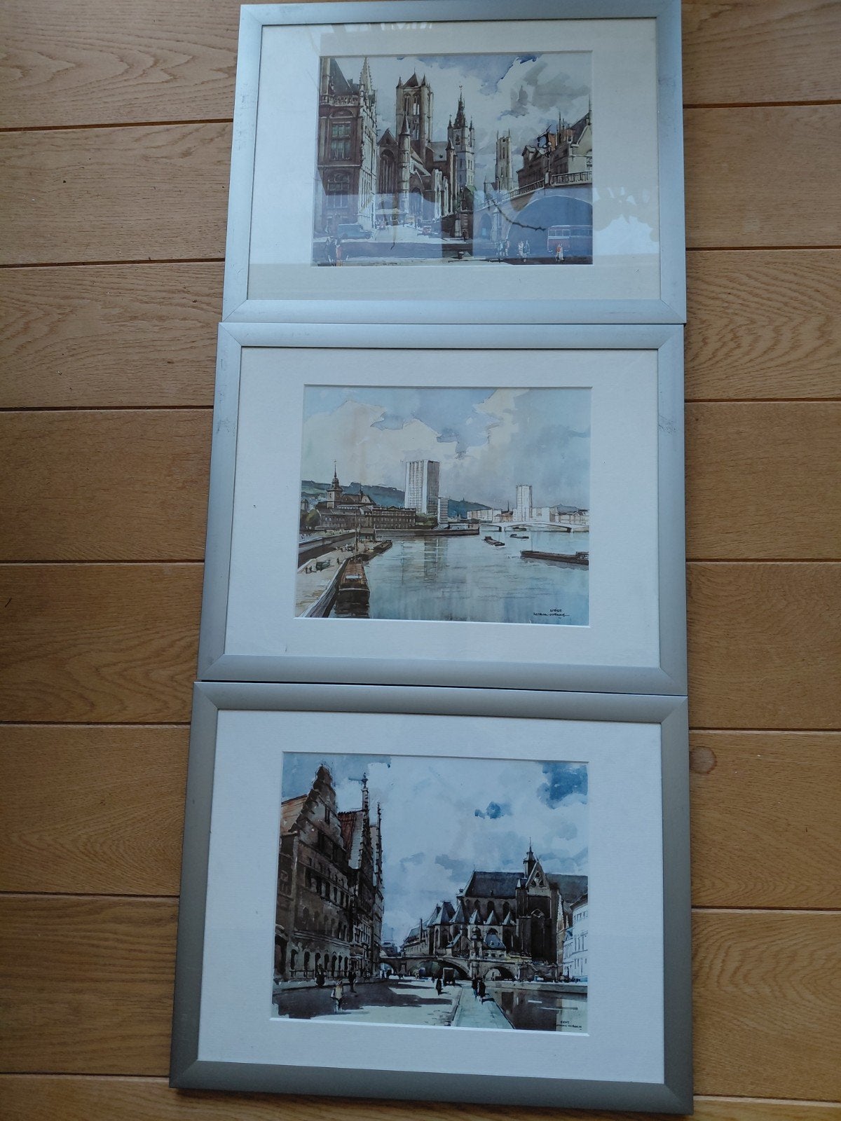 3 ingekaderde prenten Gent / Luik, Antiek en Kunst, Ophalen, Reproductie, Aquarel, Gesigneerd
