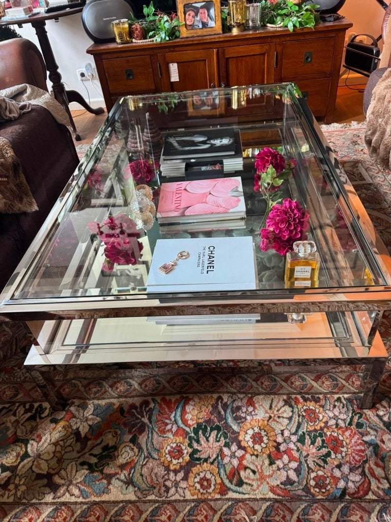 Eichholtz tafel Harvey salontafel – RVS met glas spiegel, Maison & Meubles, Accessoires pour la Maison | Autre, Comme neuf, Métal