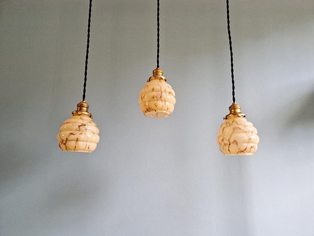 Art Deco hanglamp in gemarmerd opaline, ouraline (4 stuks), Ophalen of Verzenden