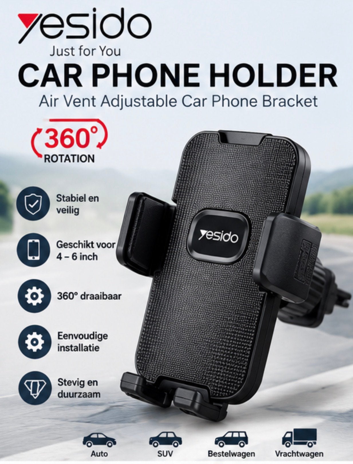 Yesido C136 Auto Telefoonhouder360DraaibaarUniverseel–Zwart, Télécoms, Enlèvement ou Envoi, Neuf