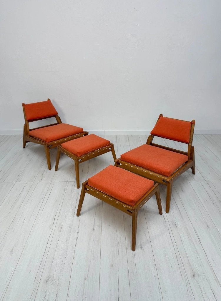 2 fauteuils Hunting Chair Heinz Heger + ottomans chêne, Enlèvement