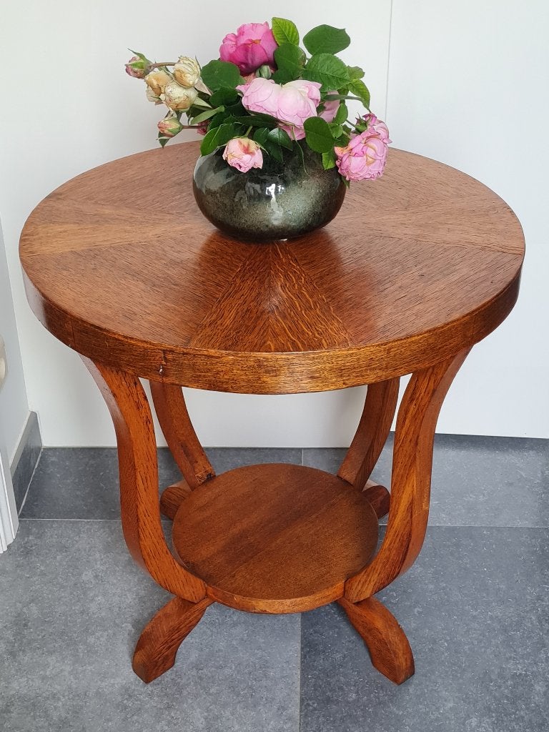 Art Deco ronde bijzettafel / plantentafel in massief hout, Antiquités & Art, Antiquités | Meubles | Tables, Enlèvement
