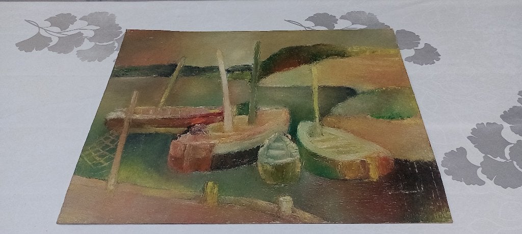 Olieverfschilderij Serge Montegnies-Marine, boats,50x40,N690, Ophalen of Verzenden, Ingelijst, Landschap