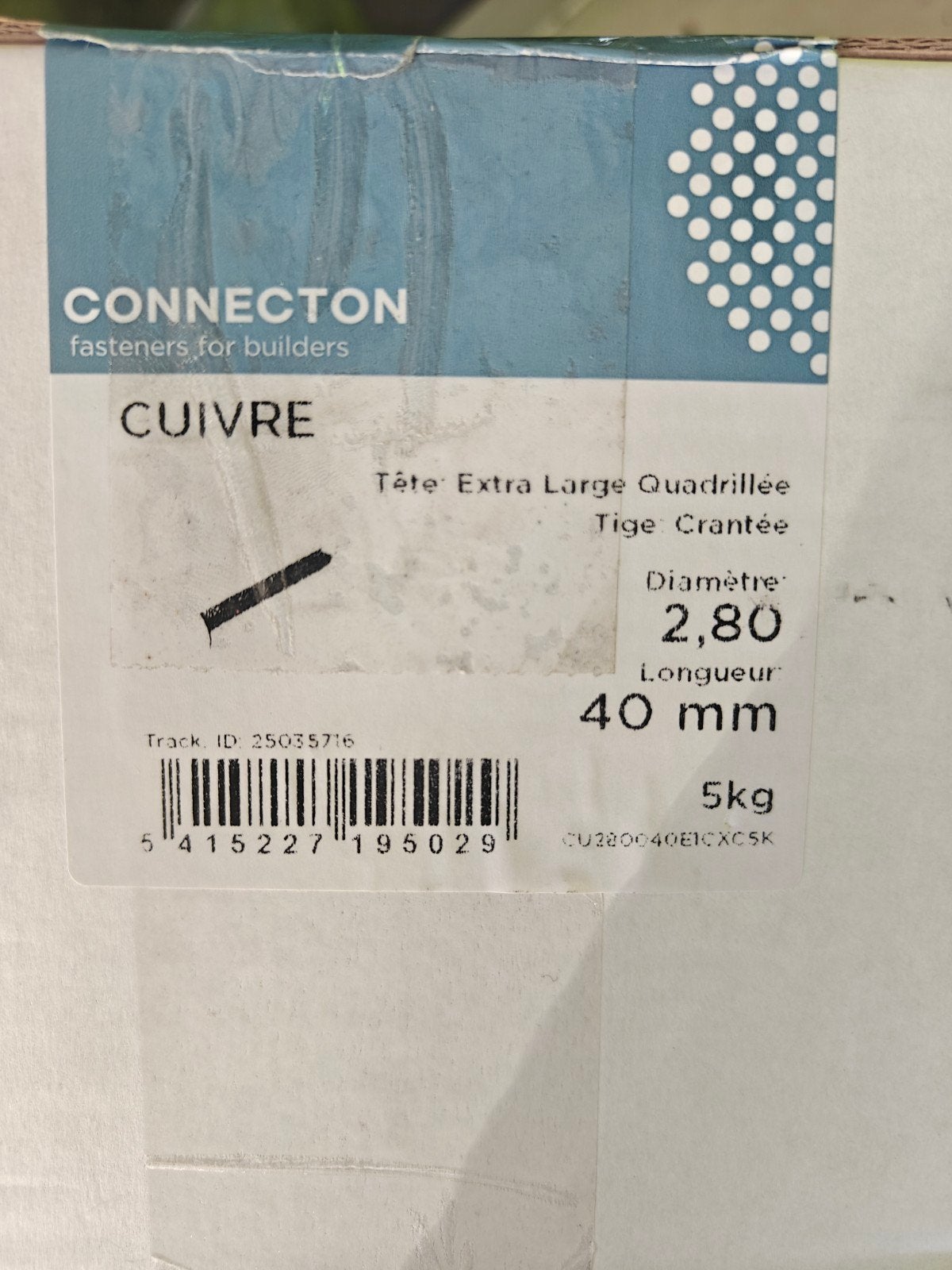 clou cuivre 2.8x 40mm boîte 5kg, Bricolage & Construction, Enlèvement ou Envoi, Neuf