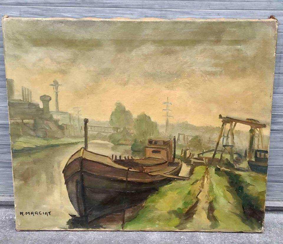 huile sur toile marine industriel signe r marciat, Ophalen of Verzenden