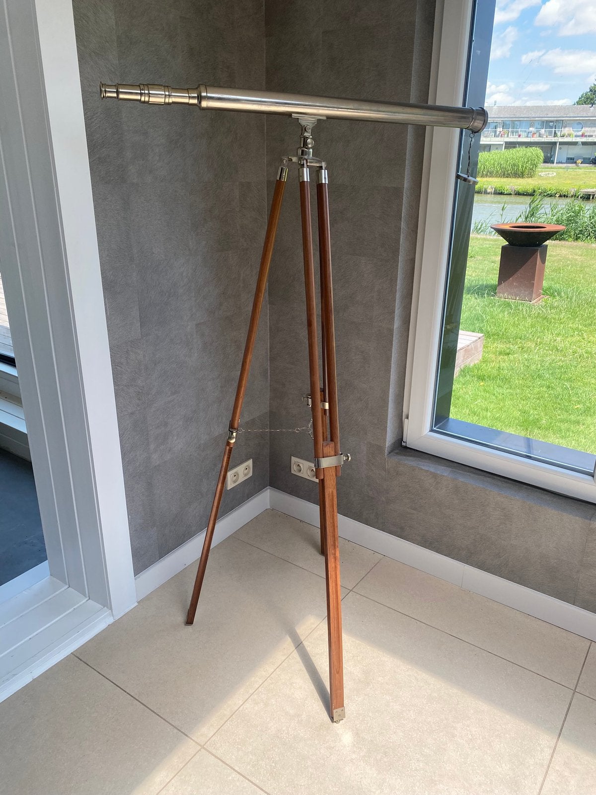 Messing Telescoop op Houten Statief – Nautisch Decor, Ophalen, Zo goed als nieuw