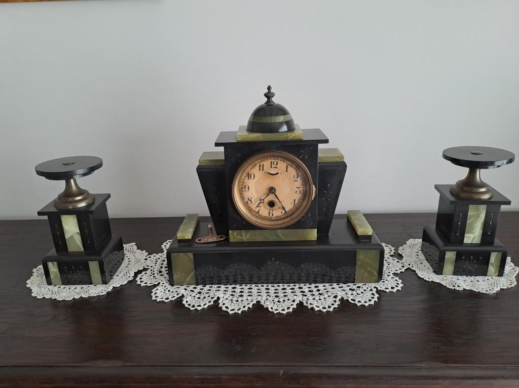Art Deco marmeren schouwgarnituur compleet, Antiek en Kunst, Ophalen