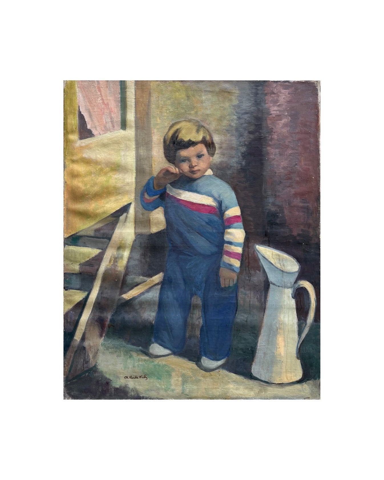 Peinture d'un enfant et d'une cruche par A. Vande Walle, Portrait ou Personnes, Peinture à l'huile, Enlèvement, Signé