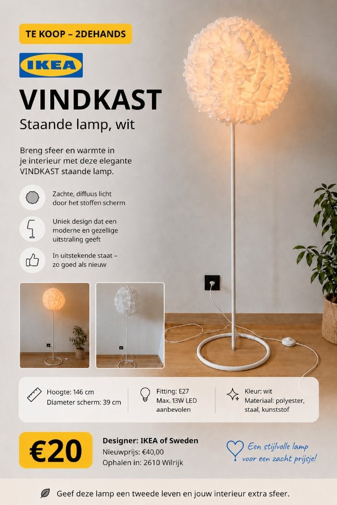 IKEA VINDKAST Staande Lamp Wit – Zo goed als nieuw, Enlèvement, Comme neuf
