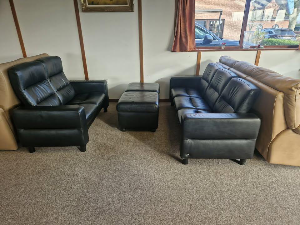 BUFFELLEDEREN SALON STRESSLESS 5 RELAXEN EN POEF, Ophalen, Gebruikt, Leer