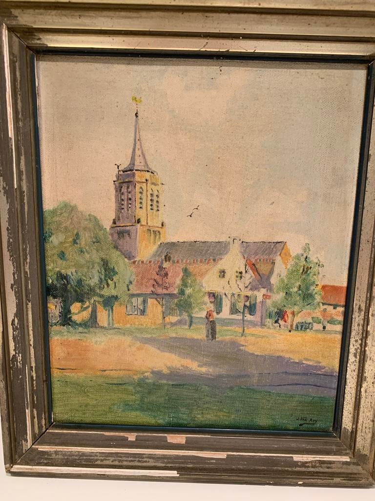 Schilderijtje met landelijk kerkje, Antiek en Kunst, Kunst | Schilderijen | Klassiek, Ophalen of Verzenden