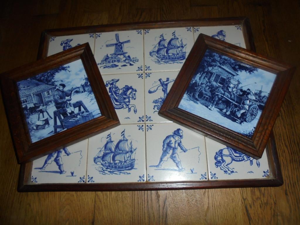 Dienblad met tegeltjes en 2 tegeltjes / Hout en Delfts Blauw, Antiek en Kunst, Ophalen