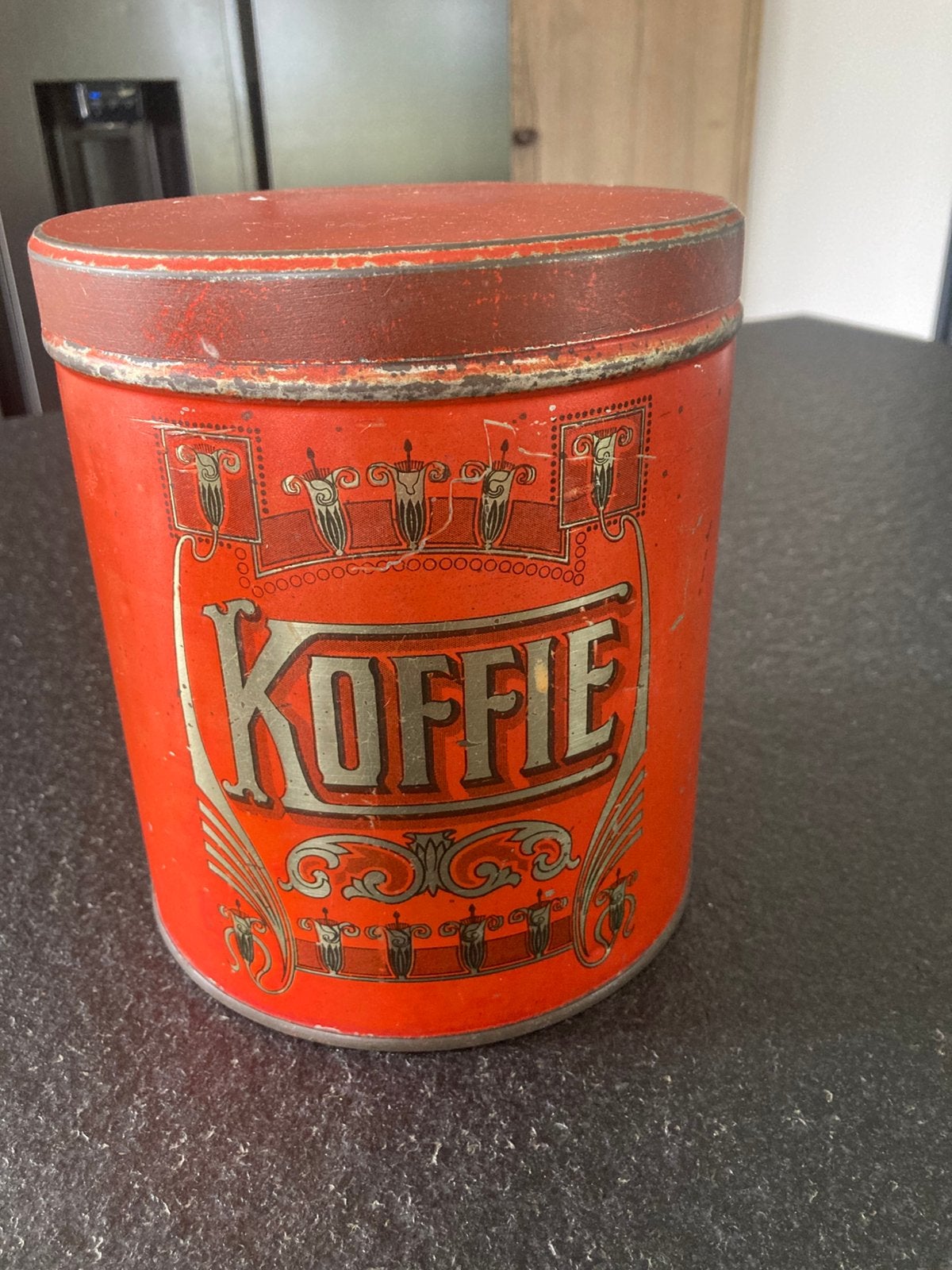 Antiek groot koffieblik Antwerpen, begin 20ste eeuw, Verzamelen, Blikken, Ophalen of Verzenden, Gebruikt, Koffie, Overige merken