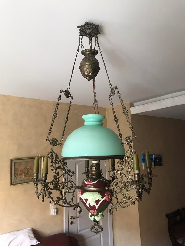 Koperen keramieke antieke luster volledig in orde, Ophalen, Brons