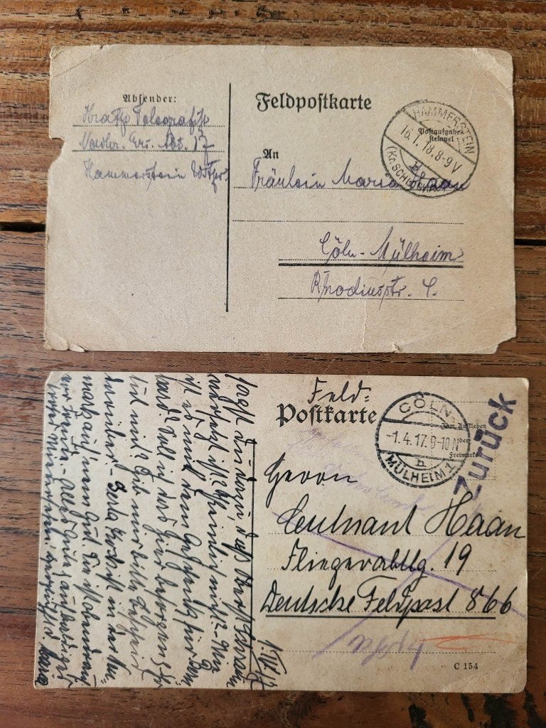 2 x Feldpost uit WO1  (1 x 1917 + 1 x 1918), Verzamelen, Ophalen of Verzenden, Landmacht, Overige typen