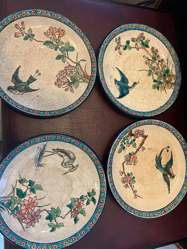 4 Longwy borden met vogeldecor, Antiek en Kunst, Ophalen of Verzenden
