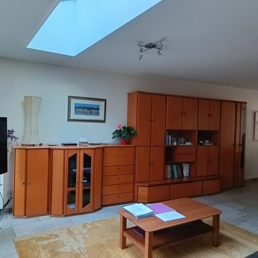 Wandkast in kerselaar fineer: hoge kast+buffetkast, Huis en Inrichting, Ophalen, Gebruikt, 200 cm of meer, 300 cm of meer