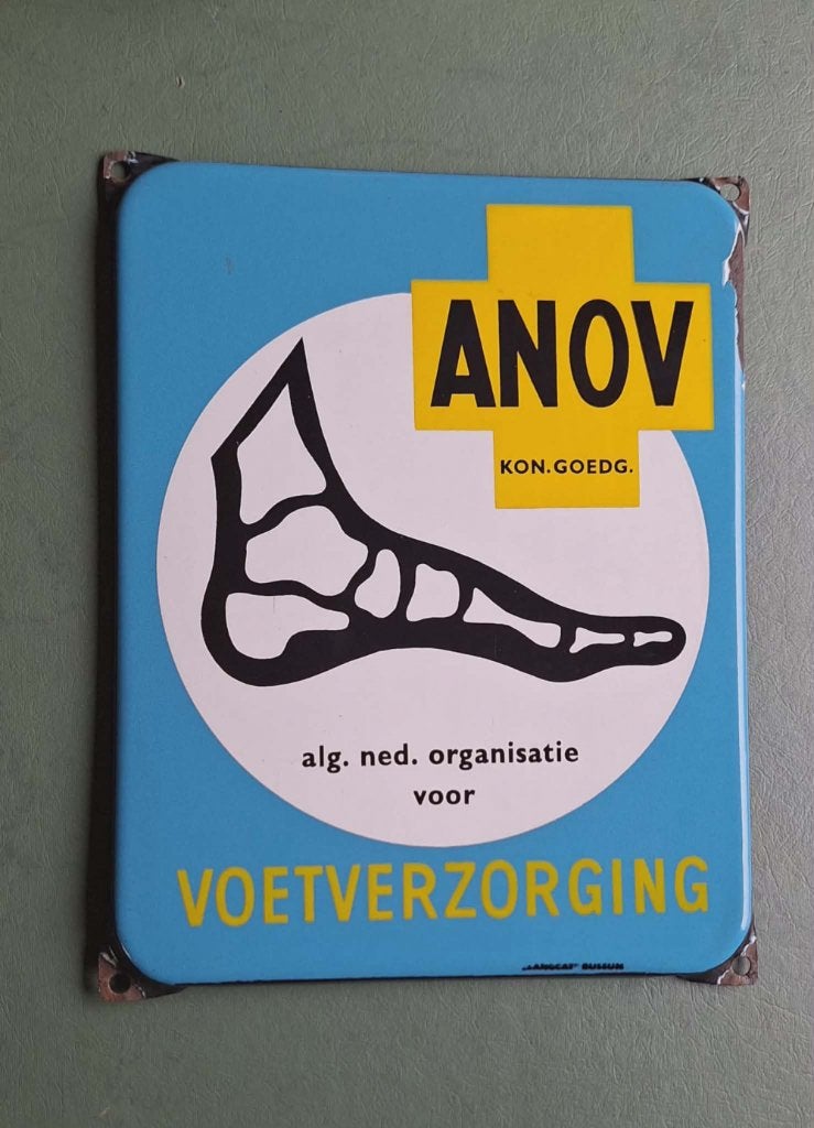 Emaille bordje Anov voetverzorging🦶Langcat Bussum., Ophalen of Verzenden, Gebruikt, Reclamebord