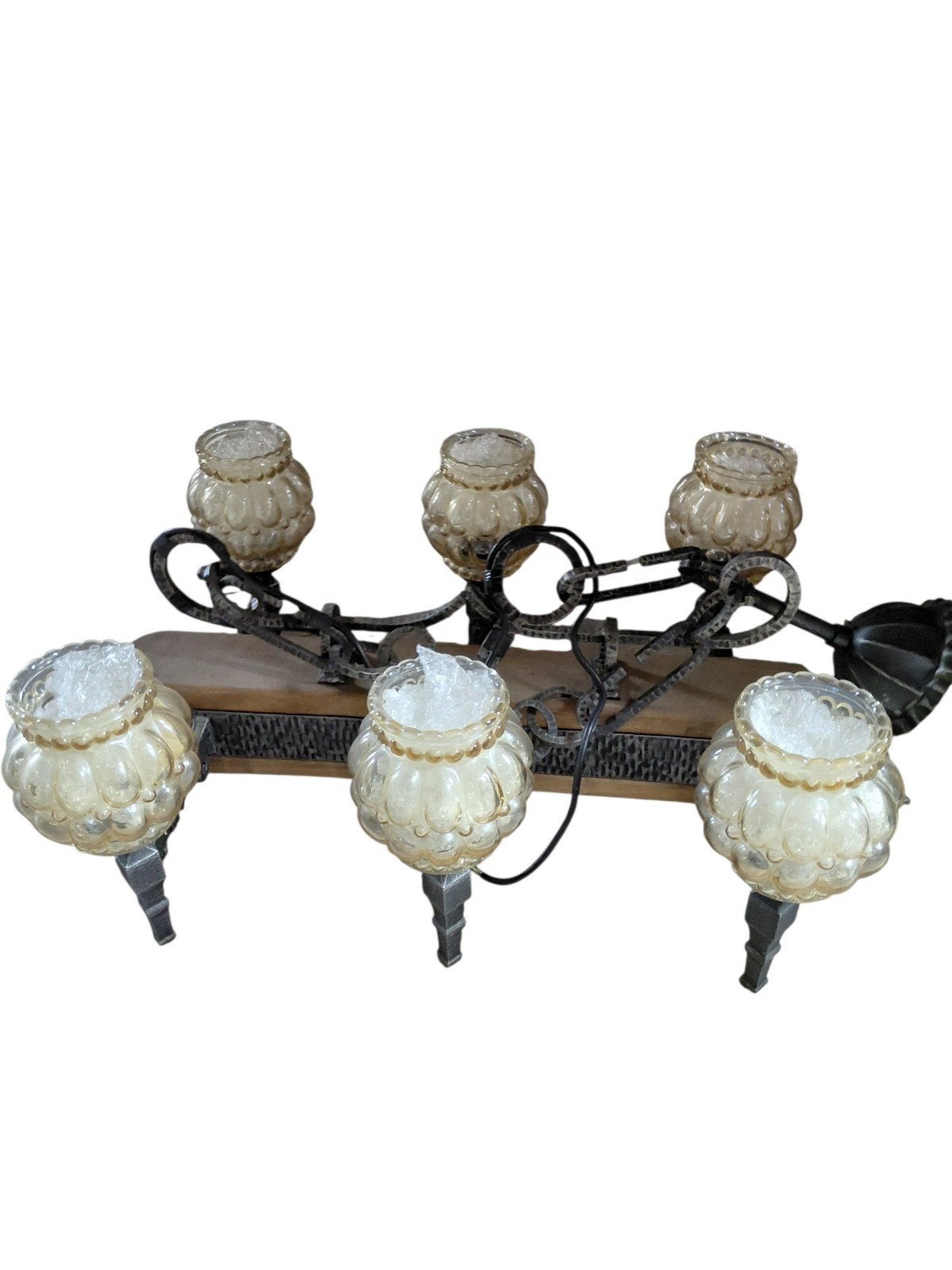 Grote vintage kroonluchter met 6 vuren - gehamerd smeedijzer, Ophalen of Verzenden, Glas, Zwart