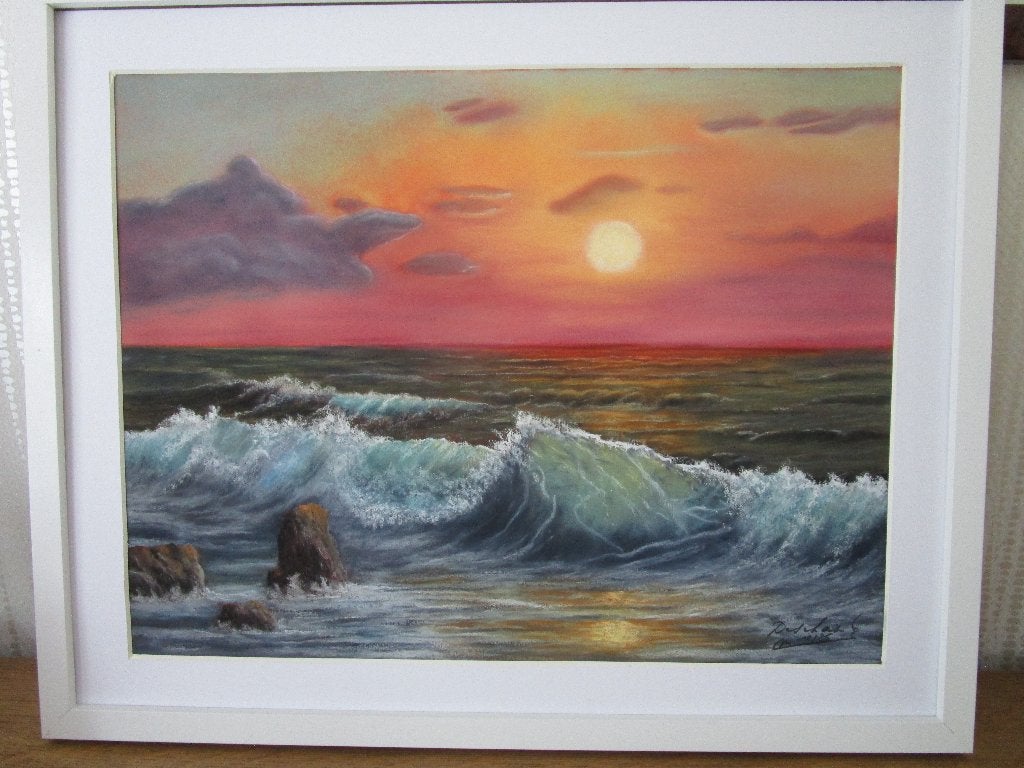 Peinture de vagues au pastel (40/50), Antiquités & Art, Enlèvement, Sous verre, Papier, Maritime / eau