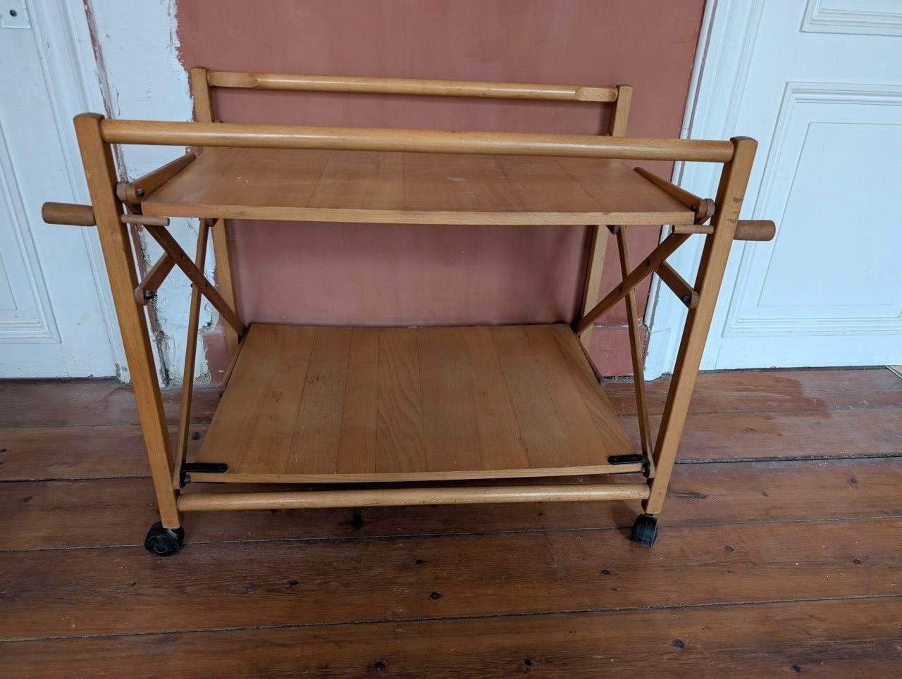 Vintage houten vouwwagen/roltafel, Ophalen, Gebruikt, Rechthoekig, Overige houtsoorten