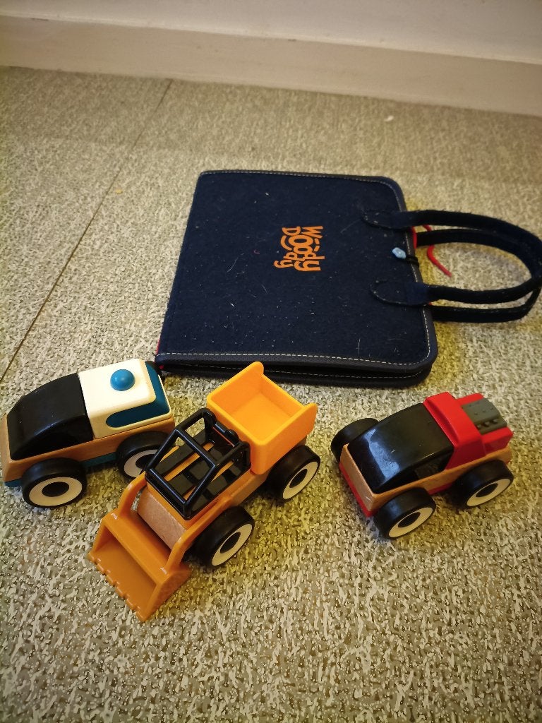 Montessori boekje en 3 houten auto's, Ophalen, Gebruikt, Overige typen