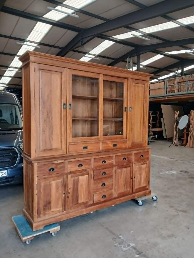 XXL Massieve Teak Buffetkast / Vitrinekast 232 cm, Huis en Inrichting, Kasten | Vitrinekasten, Ophalen, Gebruikt, Met deur(en)