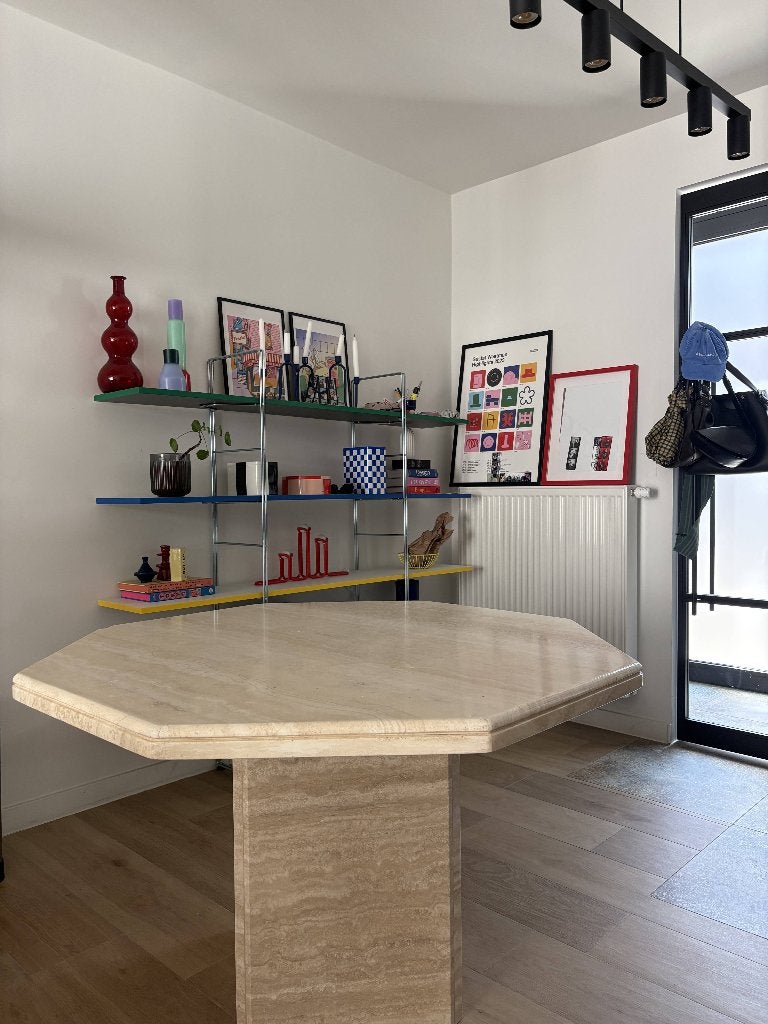 Travertin eettafel, achthoek, Ophalen, Overige materialen, Gebruikt, 50 tot 100 cm