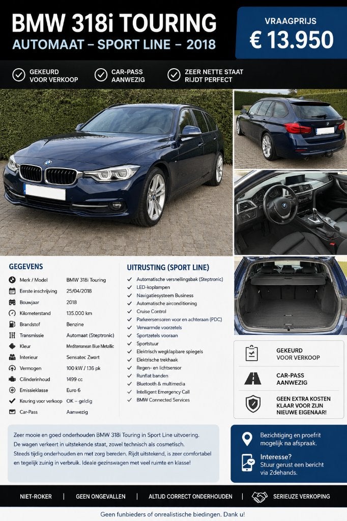 BMW 318i Touring Sport Line Automaat, Auto's, Achterwielaandrijving, Blauw, Leder, Break