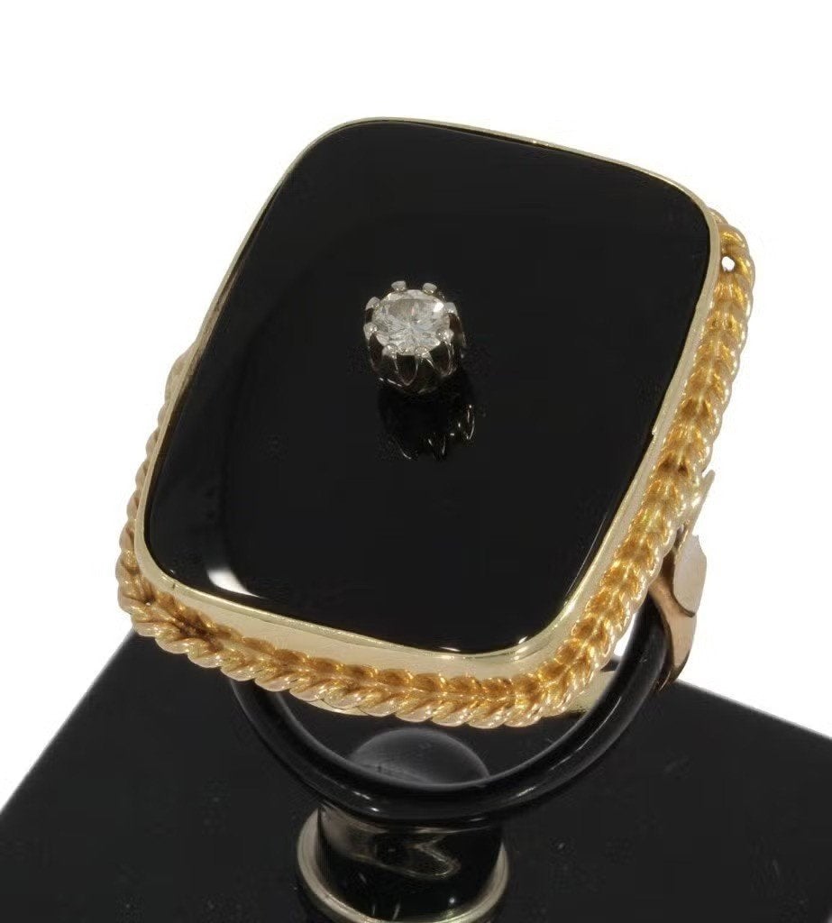 Diamant onyx robuuste 14k gouden ring dame briljant vintage, Ophalen of Verzenden, Zo goed als nieuw, Dame of Heer, Met edelsteen