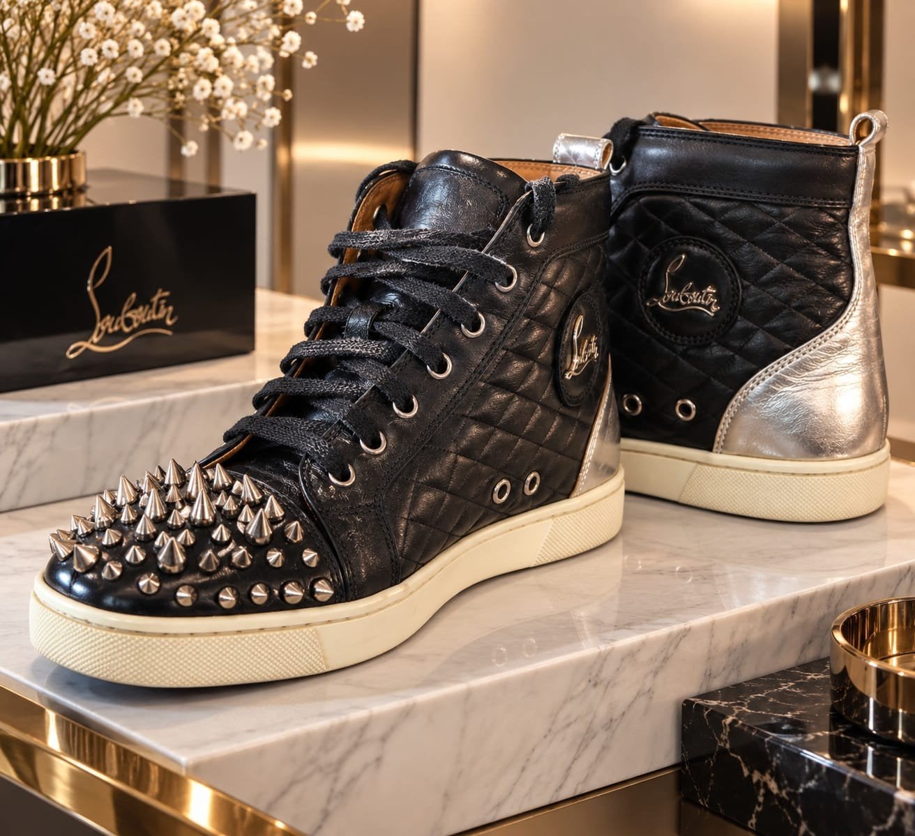 Christian Louboutin – Embellished Spike High-Top Sneakers –, Autres couleurs, Sneakers et Baskets, Comme neuf, Enlèvement