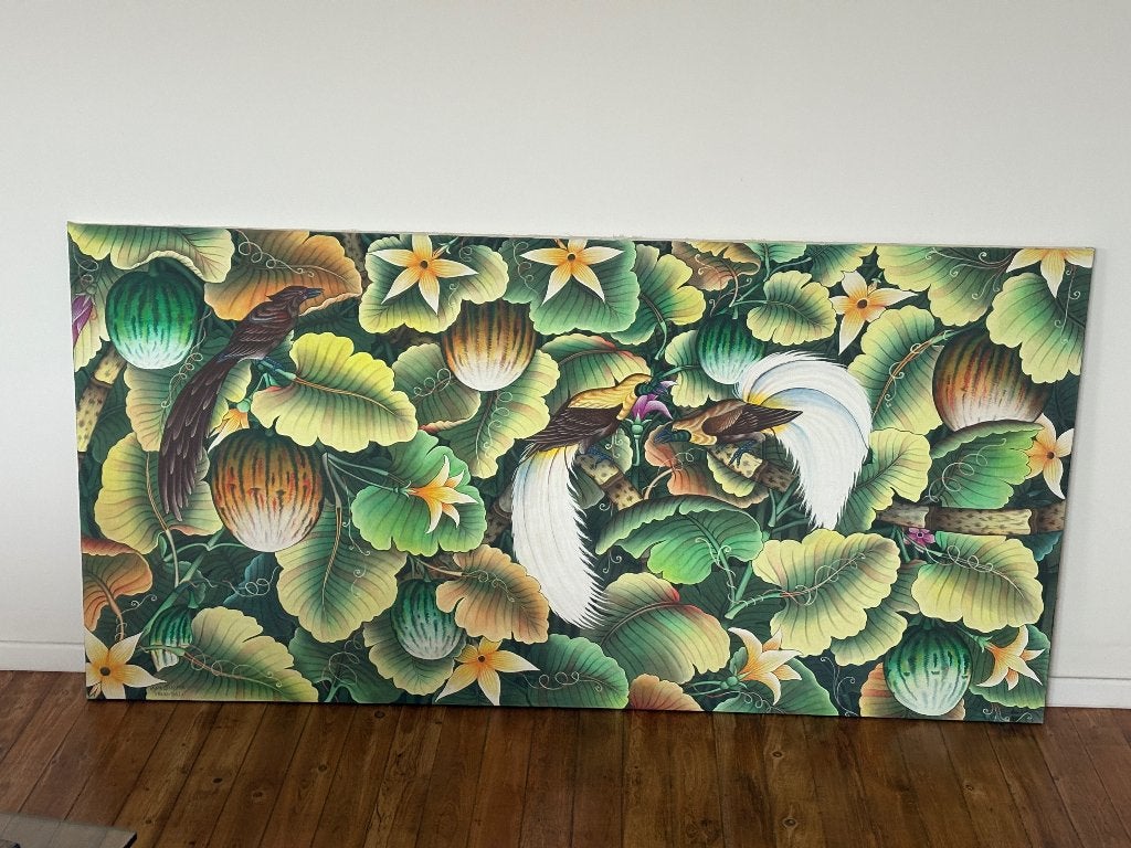 Peinture balinaise « Nym Sudita » — oiseaux et fleurs, Peinture acrylique, Signé, Enlèvement, Réaliste